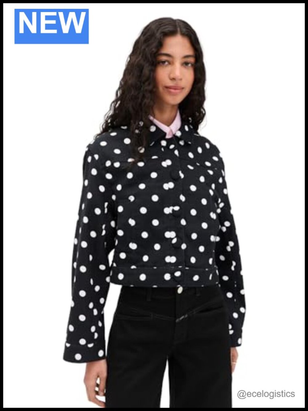 Boxy Cropped Cotton Twill Jacket Polka Dot Button Front